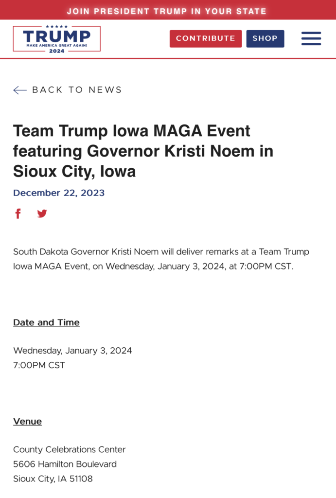 Trump campaign website, announcing MAGA event with Kristi Noem January 3 in Sioux City, posted 2023.12.22.